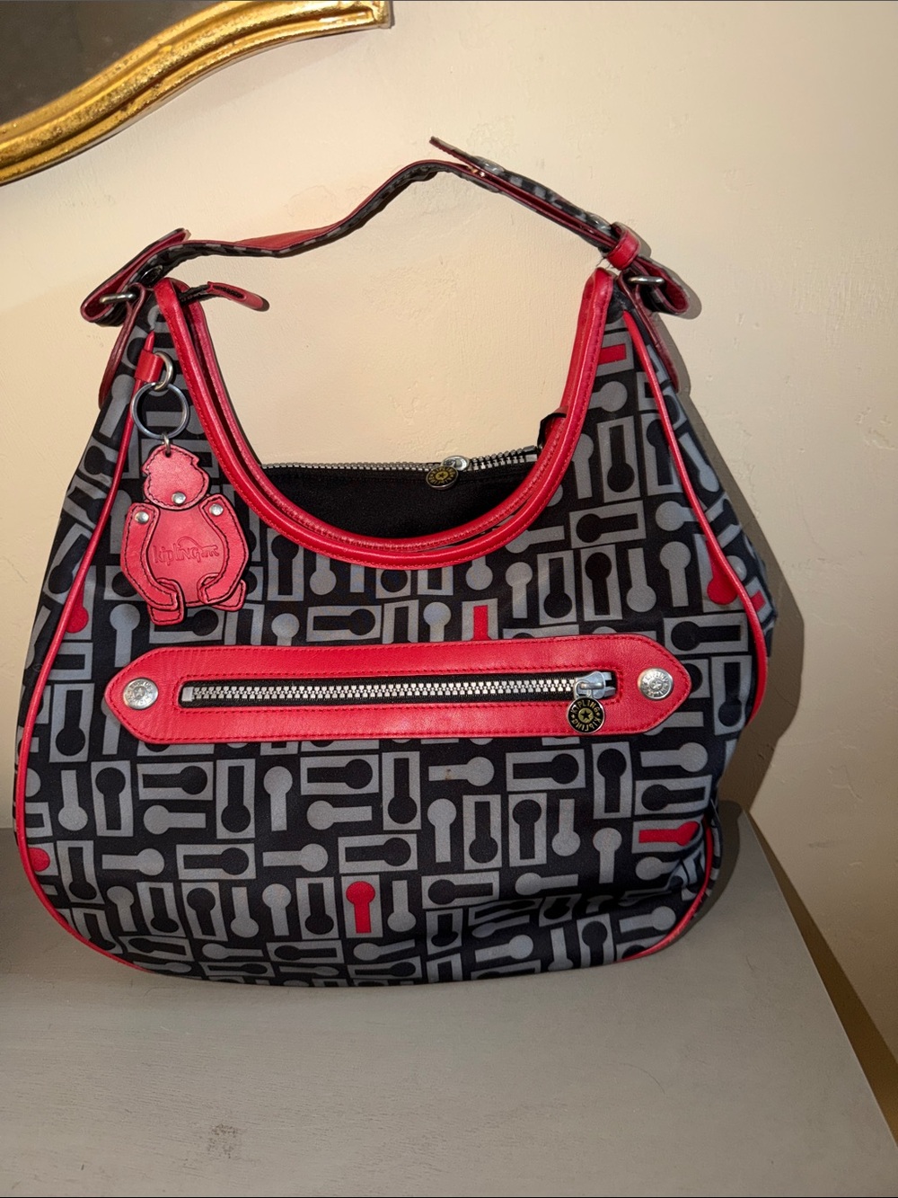 Kipling Black & Red Patterned Shoulder Bag